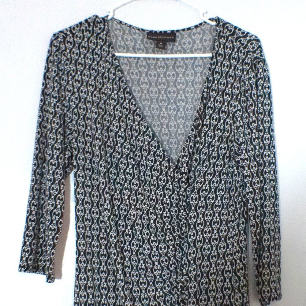 Dana Buchman Black White Faux Wrap Tunic Top Women’s Medium Rayon Stretch